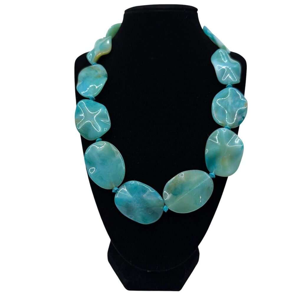 Chunky Acrylic Blue Green Teal Beaded Statement Necklace Fashion Jewelry 19"